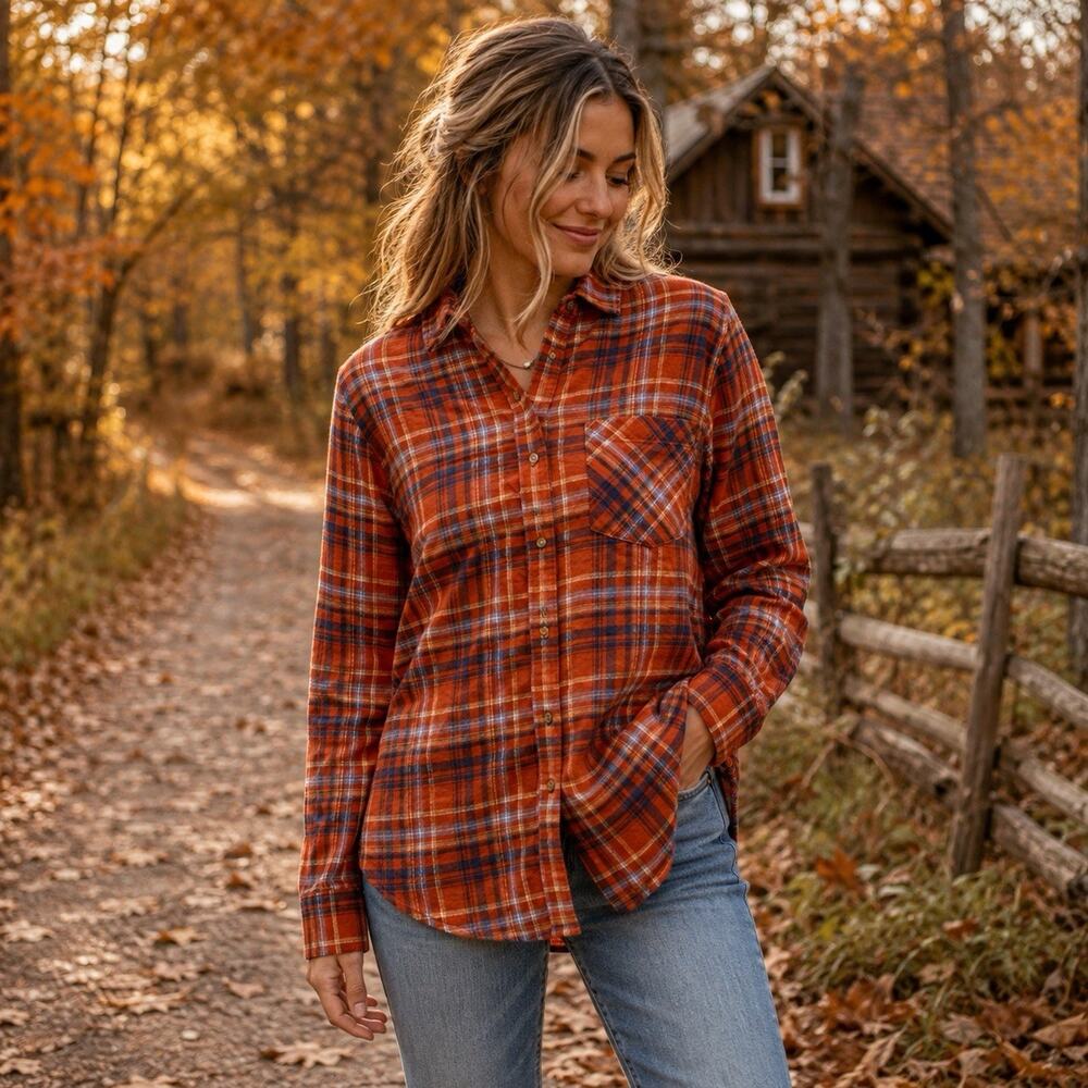 Marmot Women’s Large Flannel Shirt Orange Navy Plaid Button Up Cabincore Fall